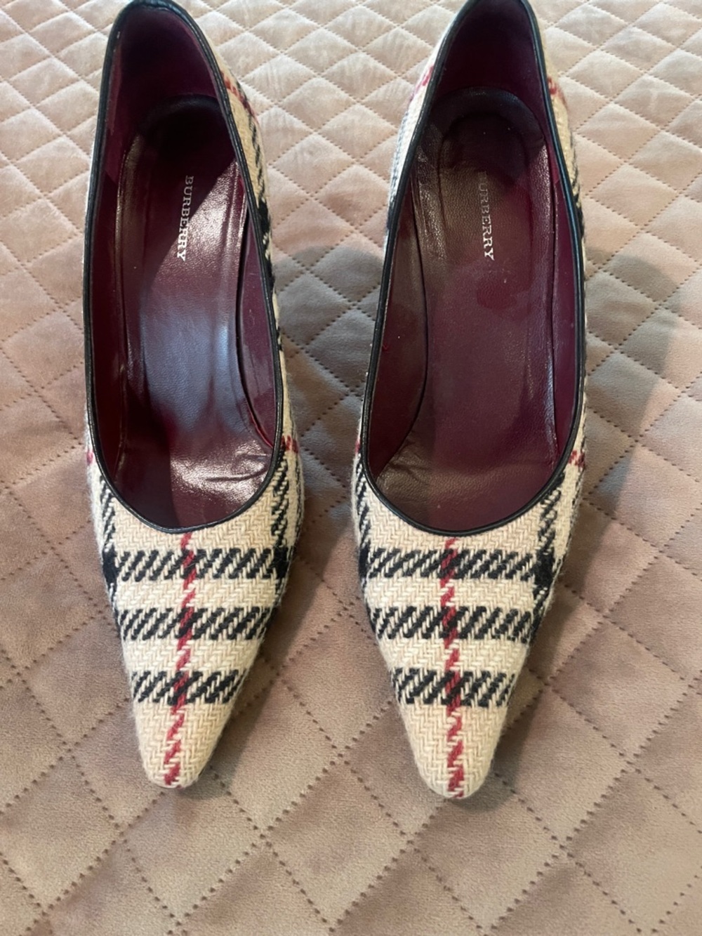 Burberry Beige Plaid Pointed Toe Heels with Black & Red Accents